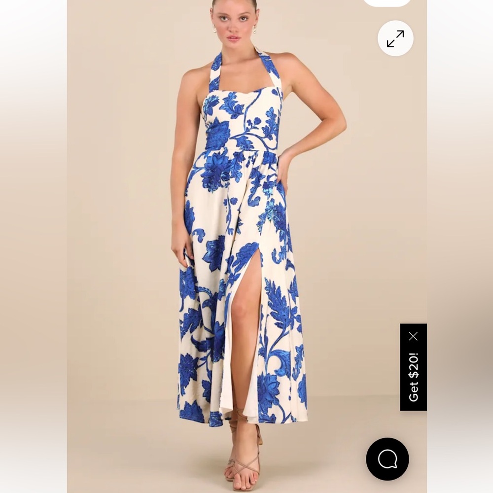 Lulu's Blue and White Floral Halter Maxi Dress